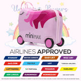 MiniMax Kids Ride-On Suitcase 45x36x20cm – Unicorn Design – 4PCS Travel Set with Drawstring Bag, Neck Pillow & 50+ Stickers – Easyjet Max Cabin Size 29L Trolley