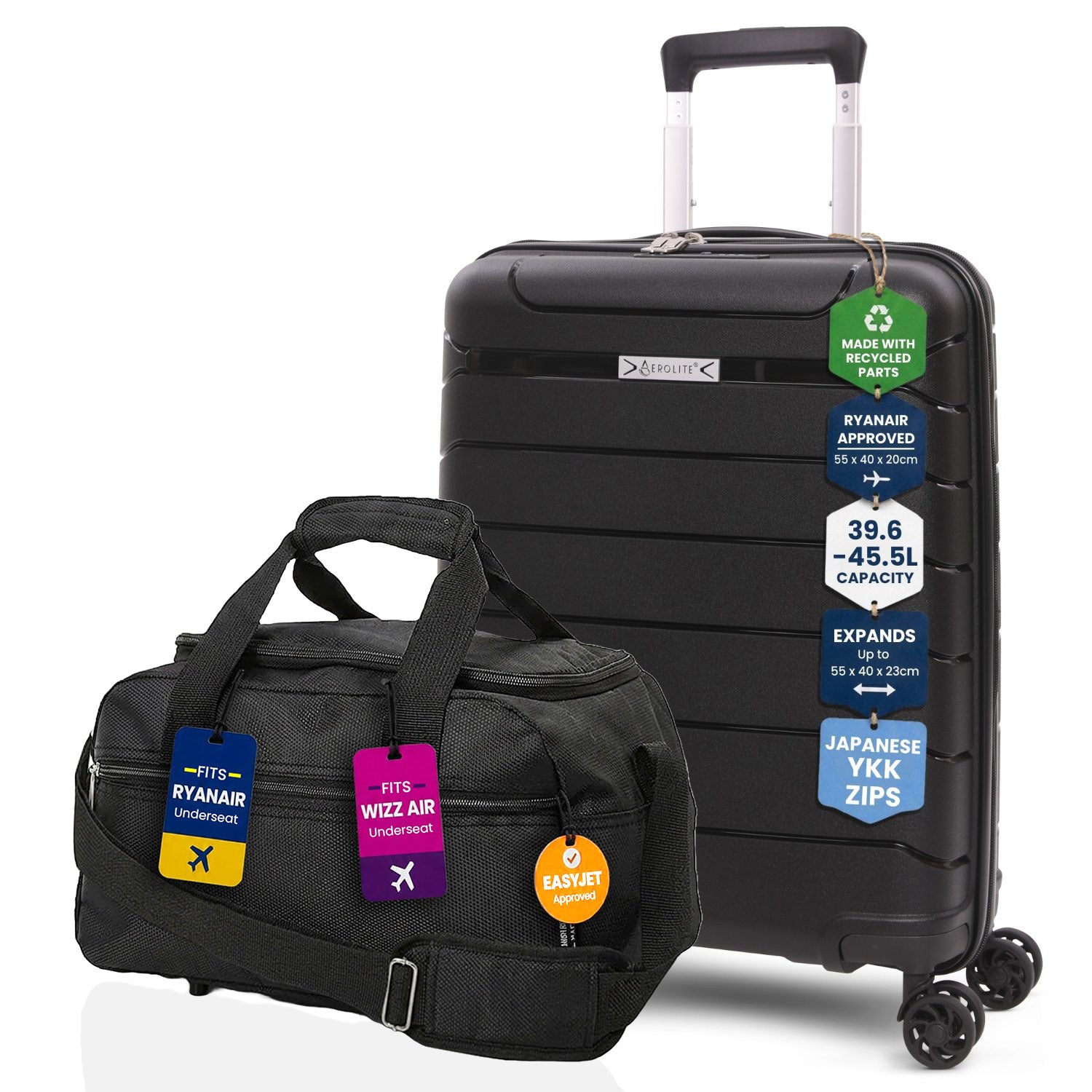 Travel Bundle – 55x40x20 23cm Expandable Cabin Suitcase + 40x20x25cm Ryanair Free Underseat Bag TSA Lock – Lightweight Airline Approved Set