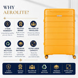 Aerolite 3 Piece PP Luggage Set – Expandable Cabin, Large 100L & XL 144L Suitcases, Premium Polypropylene Hard Shell Made Using Recycled Ocean Plastic, 4 Spinner Wheels, TSA Locks & Waterproof Pockets, Mango