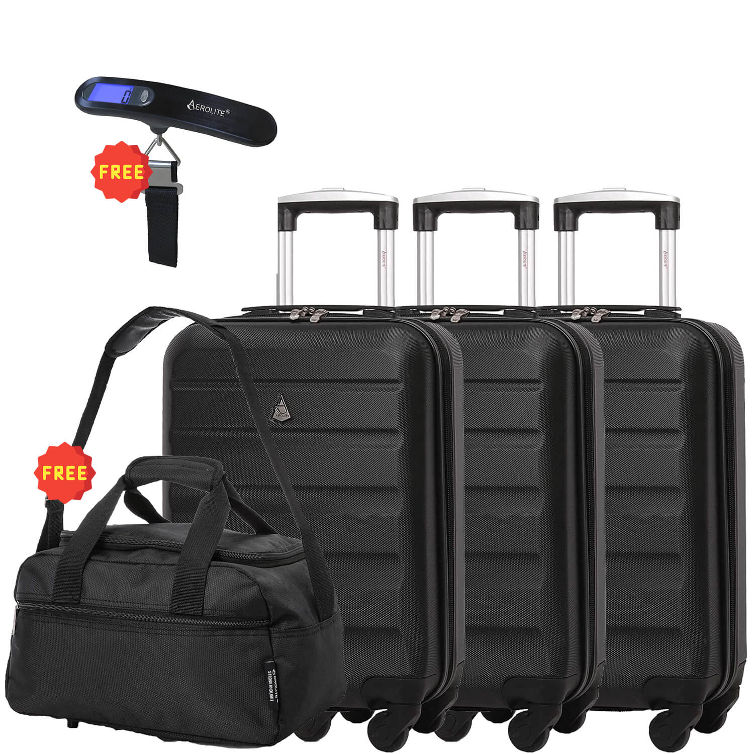 Aerolite (55x35x20cm) Set of 3 Lightweight Hard Shell Cabin Suitcase (x3 Set), Free 40x20x25cm Holdall & Luggage Scale, Approved For Ryanair (Priority), easyJet (Flexi/Plus/Large Cabin)