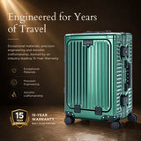 Aerolite M-Lite Premium Full Aluminium Cabin Suitcase with Front Laptop Compartment, Zipperless TSA Locks, USB Charging, Bottle Holder & 15-Year Warranty, Green