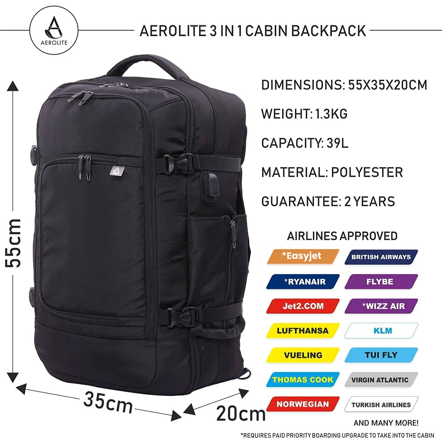Aerolite (55x35x20cm) 39L Cabin Luggage Laptop Backpack Rucksack With ...