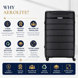 Aerolite 32" XL 144L Lightweight Checked Suitcase – Extra Large Hard Shell Luggage Made Using Recycled Ocean Plastic, 4 Spinner Wheels, TSA Lock & Waterproof Pocket (Black)