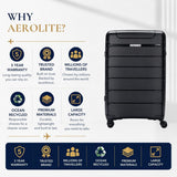 Aerolite Large 28" Lightweight 100.8L Check-In Suitcase – Hard Shell Luggage Made Using Recycled Ocean Plastic, 4 Spinner Wheels, YKK® Zippers, TSA Lock & Waterproof Pocket (Black)