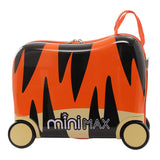 MiniMax 45x36x20cm 29L Kids Ride-On Suitcase 4PCS Set Inc Drawstring Bag, Neck Pillow & 50+ Personalisation Stickers, Easyjet Max Size Childrens Rolling Hand Cabin Luggage 45x36x20 (Tiger)