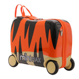 MiniMax 45x36x20cm 29L Kids Ride-On Suitcase 4PCS Set Inc Drawstring Bag, Neck Pillow & 50+ Personalisation Stickers, Easyjet Max Size Childrens Rolling Hand Cabin Luggage 45x36x20 (Tiger)