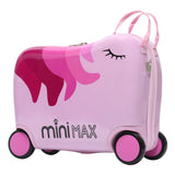 MiniMax 45x36x20cm 29L Kids Ride-On Suitcase 4PCS Set Inc Drawstring Bag, Neck Pillow & 50+ Personalisation Stickers, Easyjet Max Size Childrens Rolling Hand Cabin Luggage 45x36x20 (Unicorn)