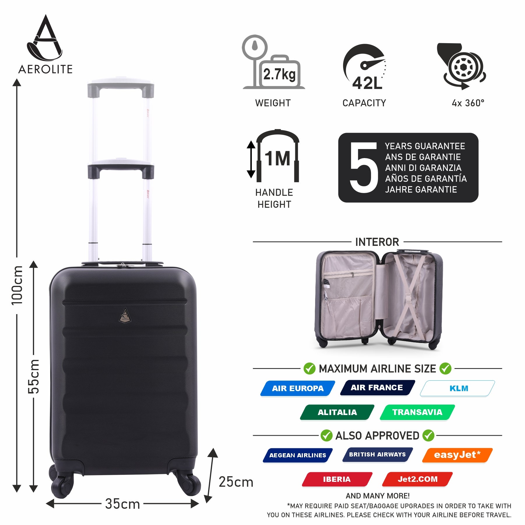Aerolite (55x35x25cm) Hard Shell Carry On Hand Cabin Luggage Suitcase –  Aerolite UK