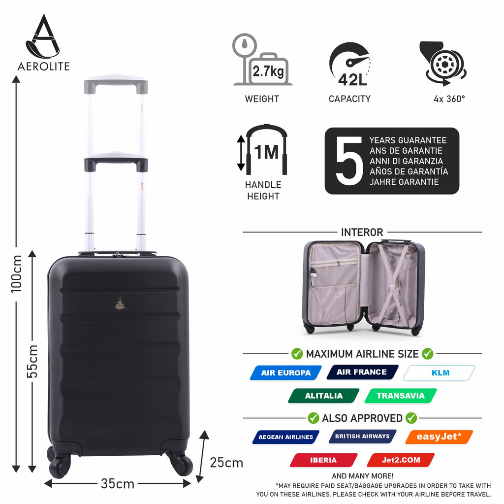 Aerolite (55x35x25cm) Hard Shell Carry On Hand Cabin Luggage Suitcase ...