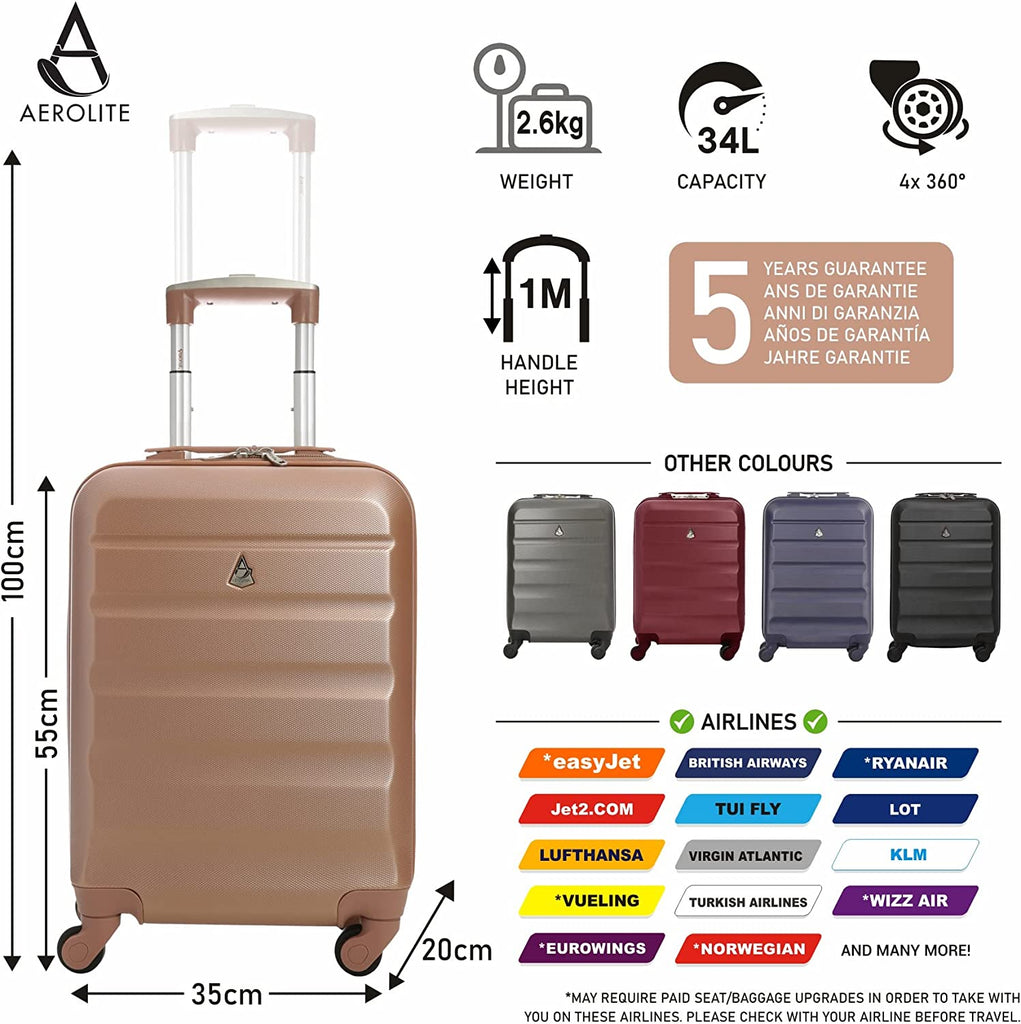 Aerolite (55x35x20cm) Lightweight Hard Shell 4Wheeled Cabin Luggage