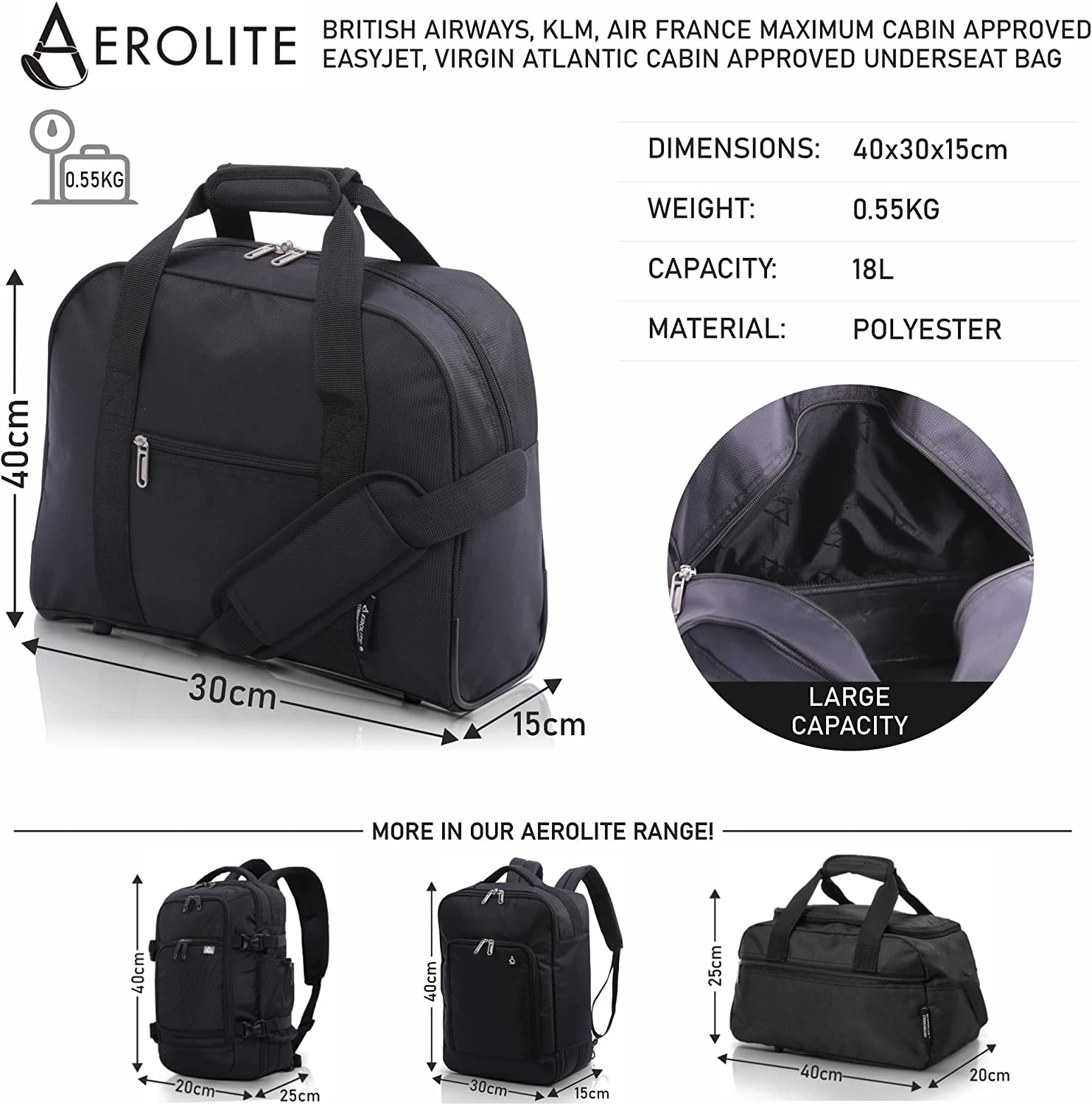AEROLITE (40x30x15cm) New and Improved 2024 British Airways, KLM, Air France, Turkish Airlines Maximum Allowance Size Holdall, Cabin Luggage Under Seat Flight Bag, Black