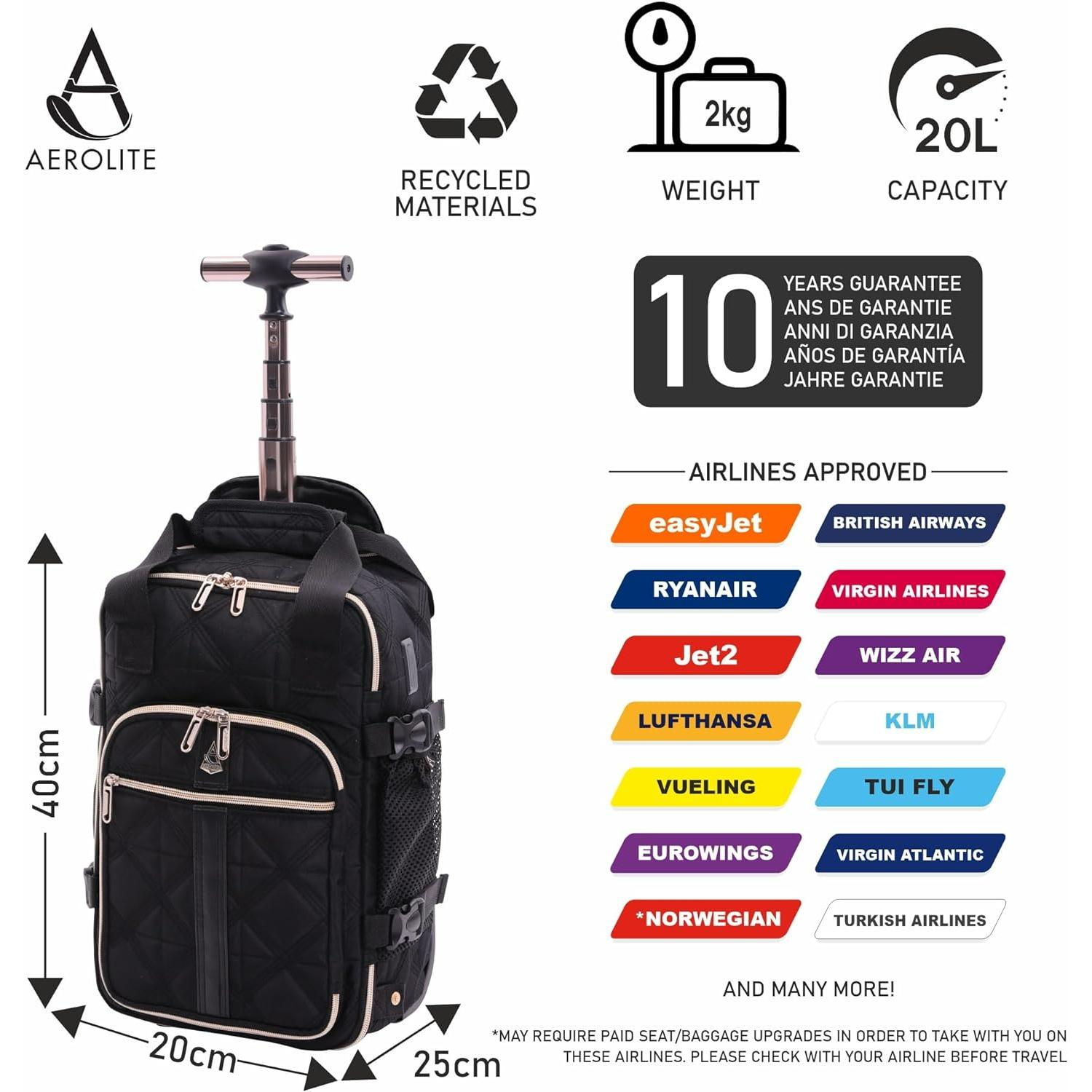 Aerolite 40x20x25 Ryanair Maximum Size Backpack Trolley Bag with 2 Wheels Eco-Friendly Cabin Luggage Approved Extendable Handle Travel Carry On Holdall Flight Rucksack with 10 Year Warranty (Quilted) - Aerolite UK