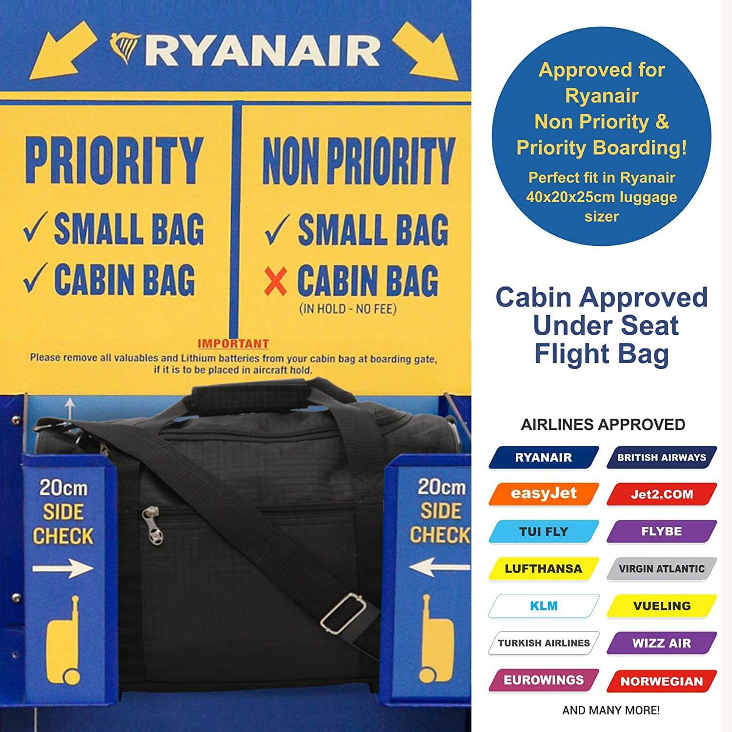 5 Cities (40x20x25cm) Hand Luggage Holdall Flight Bag, New and Improved 2024 Ryanair Maximum Sized Under Seat Cabin Holdall – Take The Max On Board
