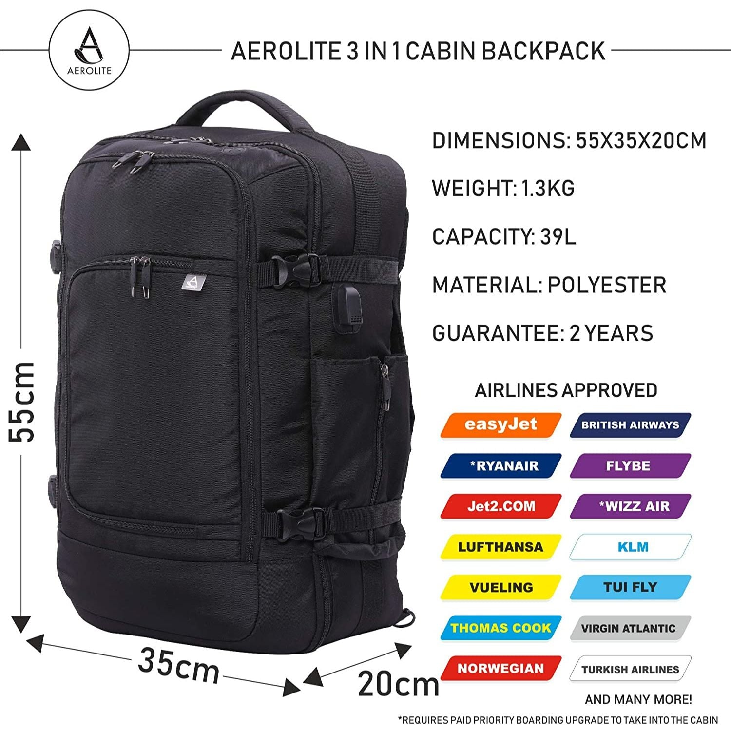 Aerolite (55x35x20cm) 3 in 1 Cabin Luggage Laptop Backpack, Approved for Ryanair, EasyJet, British Airways, Delta, Flybe, Lufthansa, Norwegian, Jet2, KLM, Wizz Air and Virgin Atlantic - Aerolite UK