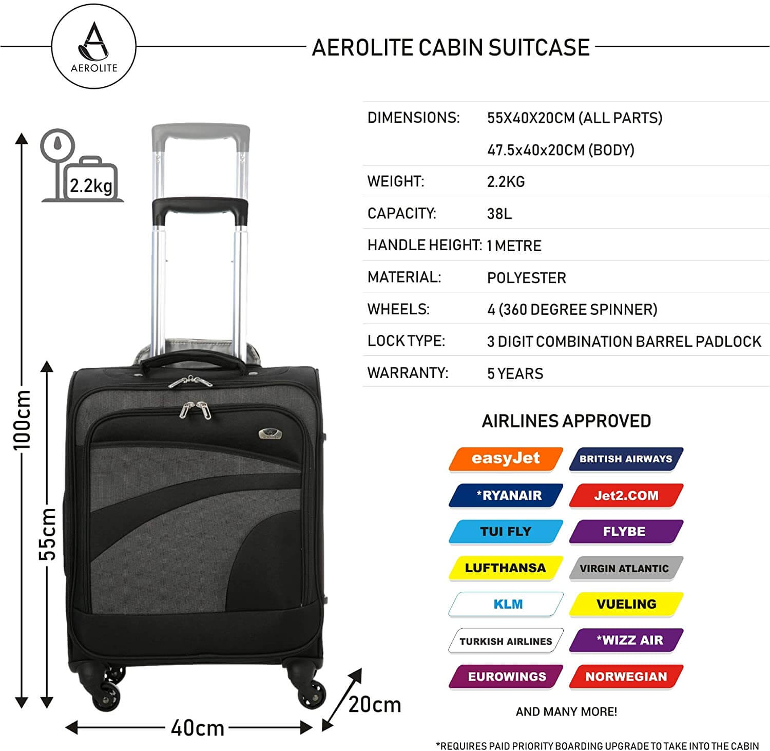 Buy Aerolite Ryanair 40x20x25 Cabin Bags with 10 Year Guarantee Maximum  Size Foldable Carry On Premium Bag Holdall Small Lightweight Cabin Luggage  Under seat Flight Travel Duffel Bag Online at desertcartKUWAIT