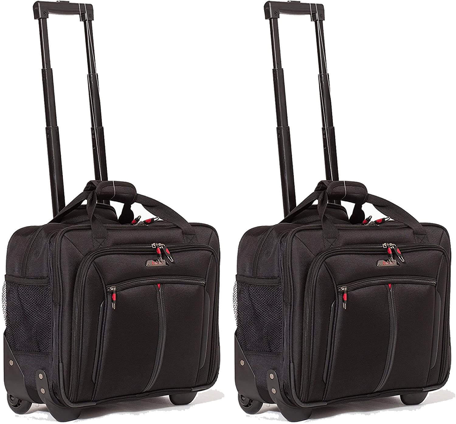 A carry-on suitcase with a click-on laptop case